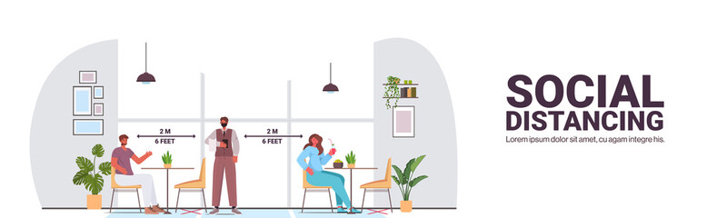 waiter in mask taking order from visitors keeping distance to prevent coronavirus social distancing concept