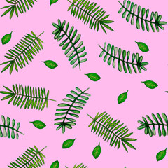 Fototapeta na wymiar Watercolour hand drawn different leaves pattern, light pink background, botany pattern 