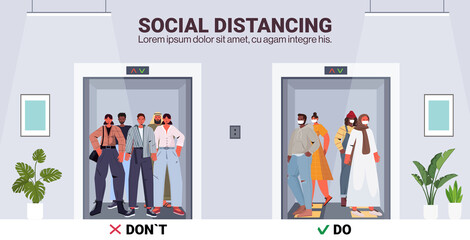 safety instructions for office employees to prevent coronavirus social distancing in elevator