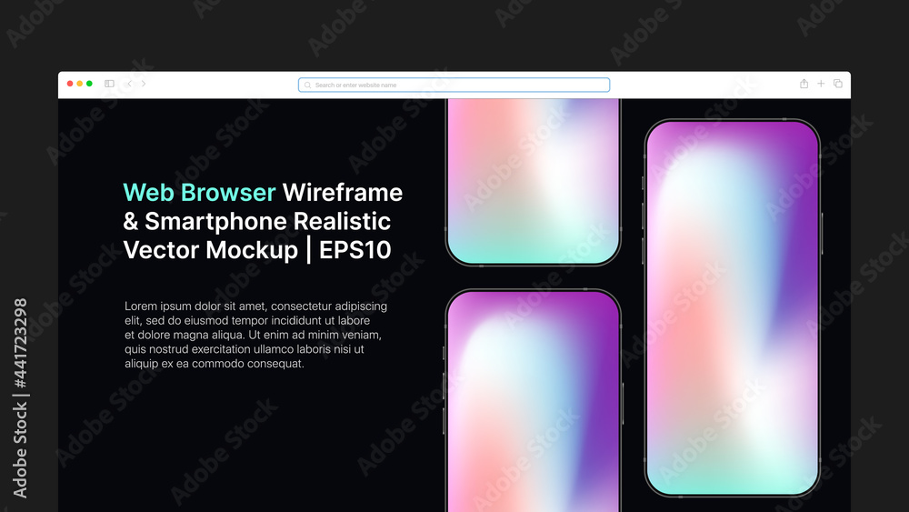 Poster web browser wireframe and smartphone realistic vector mockup. gradient horizontal slide for presenta
