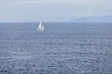 Fototapeta premium 伊豆半島沖の穏やかな海を帆走する白いヨットと伊豆大島