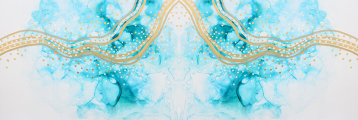 art photography of abstract fluid painting with alcohol ink, blue and gold colors