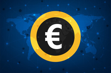 Big orange euro sign over blue world map.
