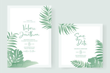 Fototapeta na wymiar Summer wedding card design with tropical leaf theme