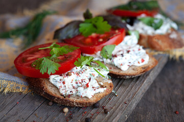 Homemade bruschetta with cheese and tomatoes. Isolation.