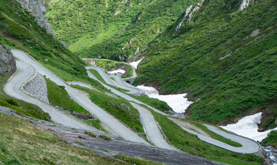 Serpentines of historic tremola at Gotthard pass, Switzerland
