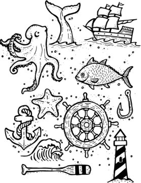 Nautical Hand Drawn Pirate Ship Sea Tiller Octopus Anchor Fish Light House Whale