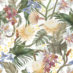 Watercolor painting seamless pattern with exotic flowers and tropical leaves