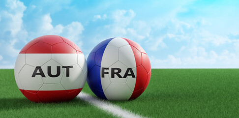 Austria vs. France Soccer Match - Leather balls in Austria and France national colors. 3D Rendering 