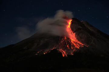 Mount Merapi erupts with high intensity at night during a full moon, the slide of material...