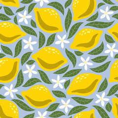 Seamless pattern with hand drawn juicy lemons, leaves and flowers. Vector illustration.