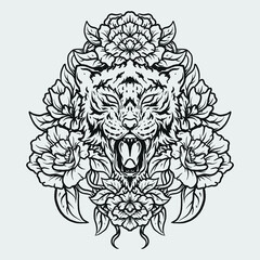 Fototapeta premium tattoo and t shirt design black and white hand drawn tiger with rose