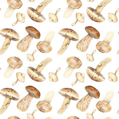 Seamless pattern from watercolor mushrooms on a white background. Seamless watercolor design with forest brown mushrooms