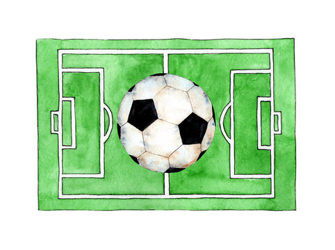 Watercolor illustration of a sketch of a soccer field and a ball. Green grass stadium. Green texture with stripes and white lines, corner, shallow, center. Football ground plan for training and champi