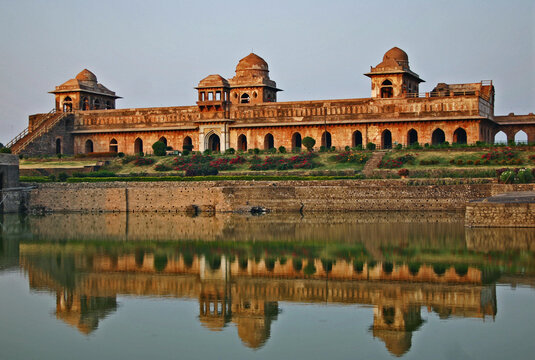 Jahaz Mahal at Mandu in India with reflection in water