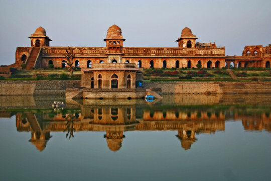 Jahaz Mahal at Mandu in India with reflection in water
