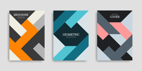 Business cover set. Collection of A4 vertical brochures with colorful geometric shapes. Abstract striped background. Template design in flat style. Vector illustration. Design poster, notebook.
