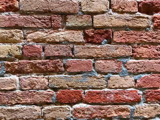 Background of old red brick wall close up