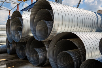 Ventilation pipe warehouse. Steel pipes, parts for the construction of air ducts for an industrial air conditioning system in a warehouse. Industrial airway ventilation equipment and piping systems
