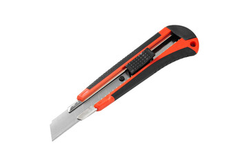 Stationery knife with black and red plastic handle. Close-up. Isolated on a white background.
