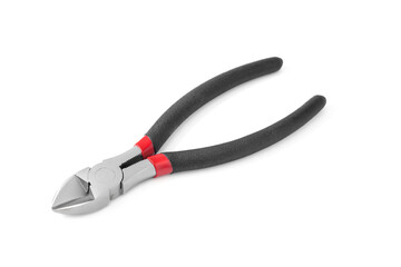 Hand tool nippers with black handle. Close-up on a white background.