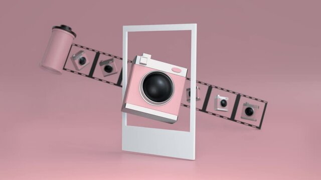 3d render video of analog pink photo camera in motion with photo reel, travel and photography concept