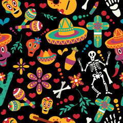 Vector Dia de Los Muertos. A set for celebrating the day of the dead. Decorated skulls, flowers, skeleton, cactus, sambrero, tequila, guitar. Halloween. Seamless pattern.