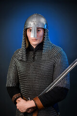 Portrait of a medieval warrior of the late Viking era and the beginning of the Crusades. Knight in...
