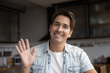 Head shot young handsome man waving hand looking at camera, starting online web call conversation....