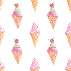 Ice cream in a waffle cone berries and delicious waffles. Watercolor seamless pattern suitable for backgrounds, textiles, wrapping paper, etc.