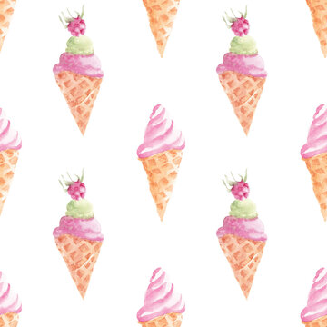 Ice cream in a waffle cone berries and delicious waffles. Watercolor seamless pattern suitable for backgrounds, textiles, wrapping paper, etc.