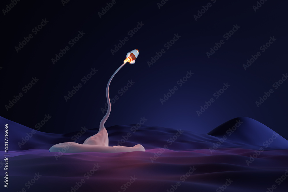 Wall mural toon rocket launch from deep space planet. cartoon startup concept. 3d rendering.