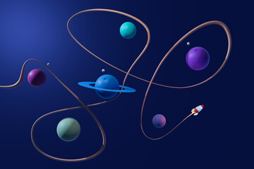 Cartoon space ship manoeuvring between planets. Toon space travel. 3D rendering. © Jamo Images