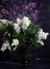 White Lilac Agnes Smith flowers - syringa prestoniae agnes smith in glas vase and dark purple flower background. Agnes Smith is an elegant variety of Canadian lilac with snow white flowers.