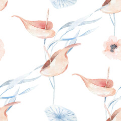 watercolour tropical  seamless pattern for fabric, pastel boho repeat background for boho style wedding, textile, prints, nursery, wedding
