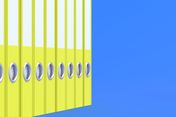 Row of binder file folders of yellow color on blue background. Copy space. 3d render
