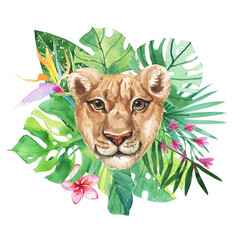 Hand-painted watercolor illustration isolated on white background with tropical leaves and flowers. Watercolor hand-drawn illustration. Lion