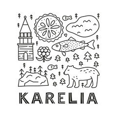Poster with lettering and doodle outline Karelia icons.