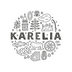 Doodle outline Karelia icons in circle.