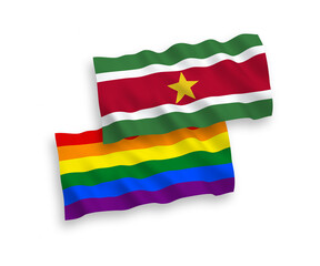 Flags of Republic of Suriname and Rainbow gay pride on a white background