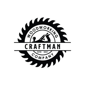 circular saw blade with vintage iron jack plane/ fore plane woodworking carpentry logo design vector stamp label sticker badge