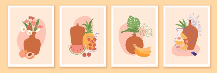 Obraz premium Modern minimalist contempporary art summer composition. Floral, foliage, fruits, berries, pots
