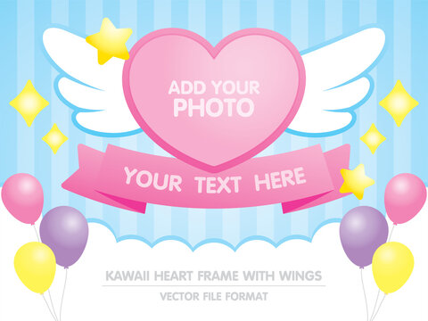 kawaii heart shape photo frame with cute wings and ribbon element for adding your text on blue striped background with cloud and balloon