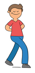 Cartoon man walks happy with eyes closed, hands behind, vector illustration