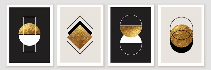 Abstract minimalist wall art composition in beige, grey, white, black colors. Golden geometric shapes