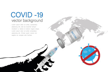 Anti COVID-19 vaccine concept.Hand holding test tube with blood sample for COVID-19 test. Positive test result Coronavirus Covid-19 and Green liquid in syringe is antidote, vector illustration.