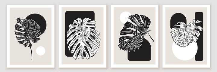 Botanical minimal wall art design. Composition with monstera leaves. Black and white geometric shapes.