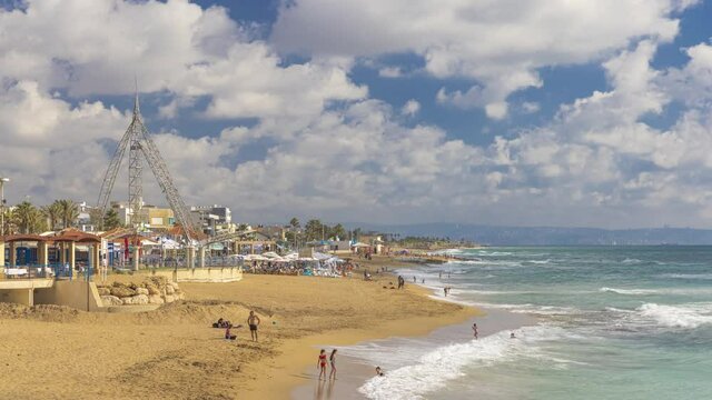 Nahariya Beach at Summer Day, Israel, Time lapse - Tilt Down