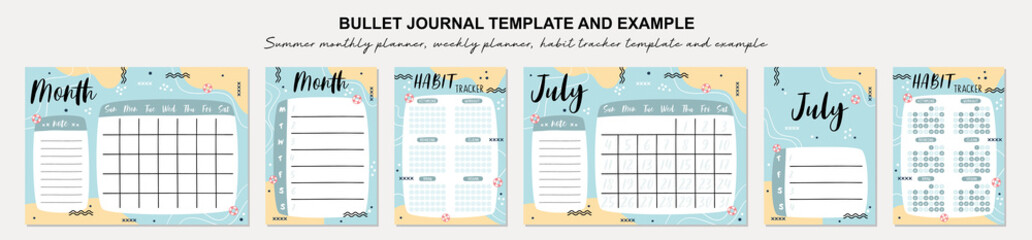 Summer monthly planner, weekly planner, habit tracker template and example.  Template for agenda, schedule, planners, checklists, bullet journal, notebook and other stationery. - obrazy, fototapety, plakaty