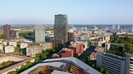 Almere city center (Almere Stad), aerial view. Flevoland, The Netherlands. Fly forward shot.